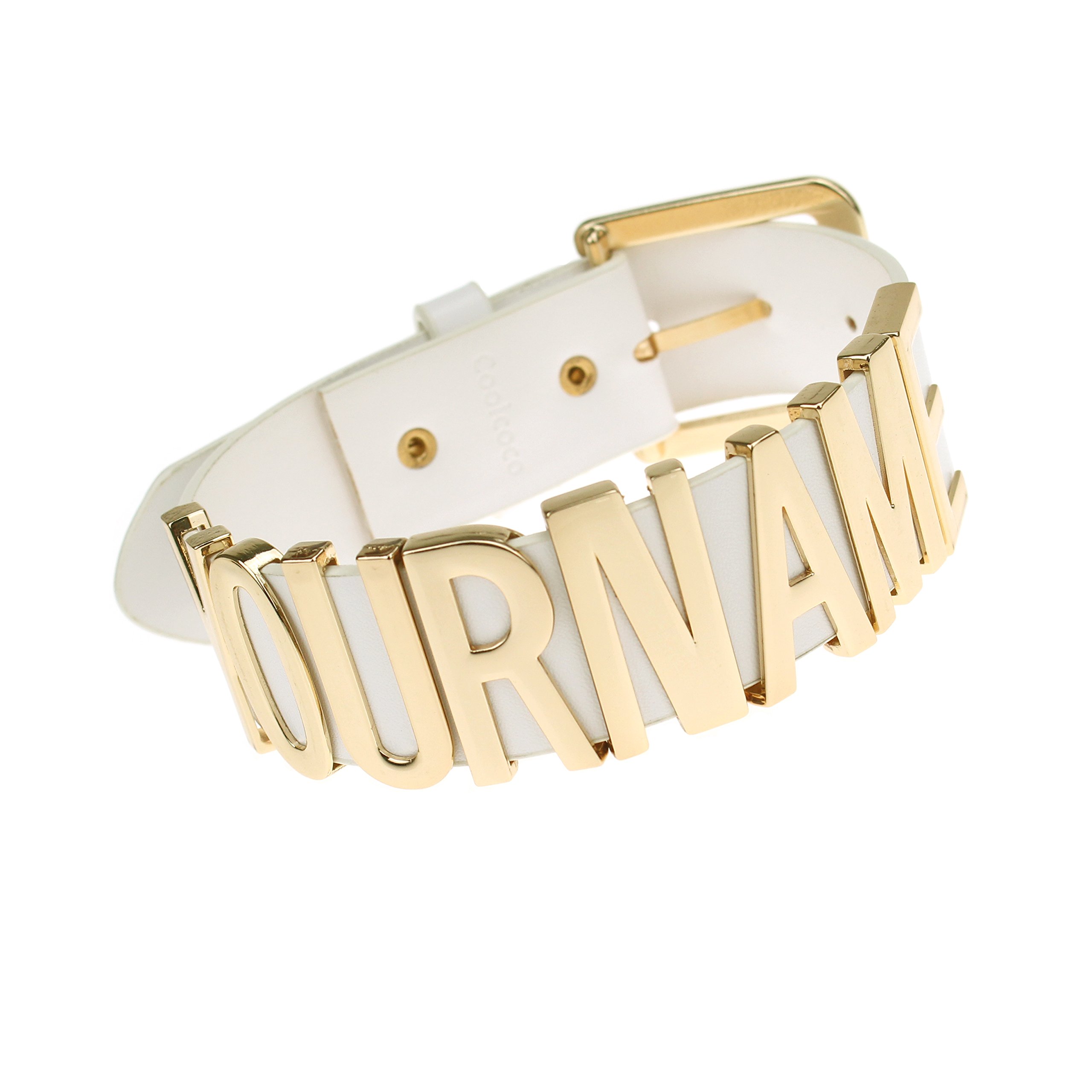 Coolcoco Adjustable Leather White Belt and Gold Letter Personalised Name Necklace DIY Customised Choker Necklace Collar for Women Kids Children Prime