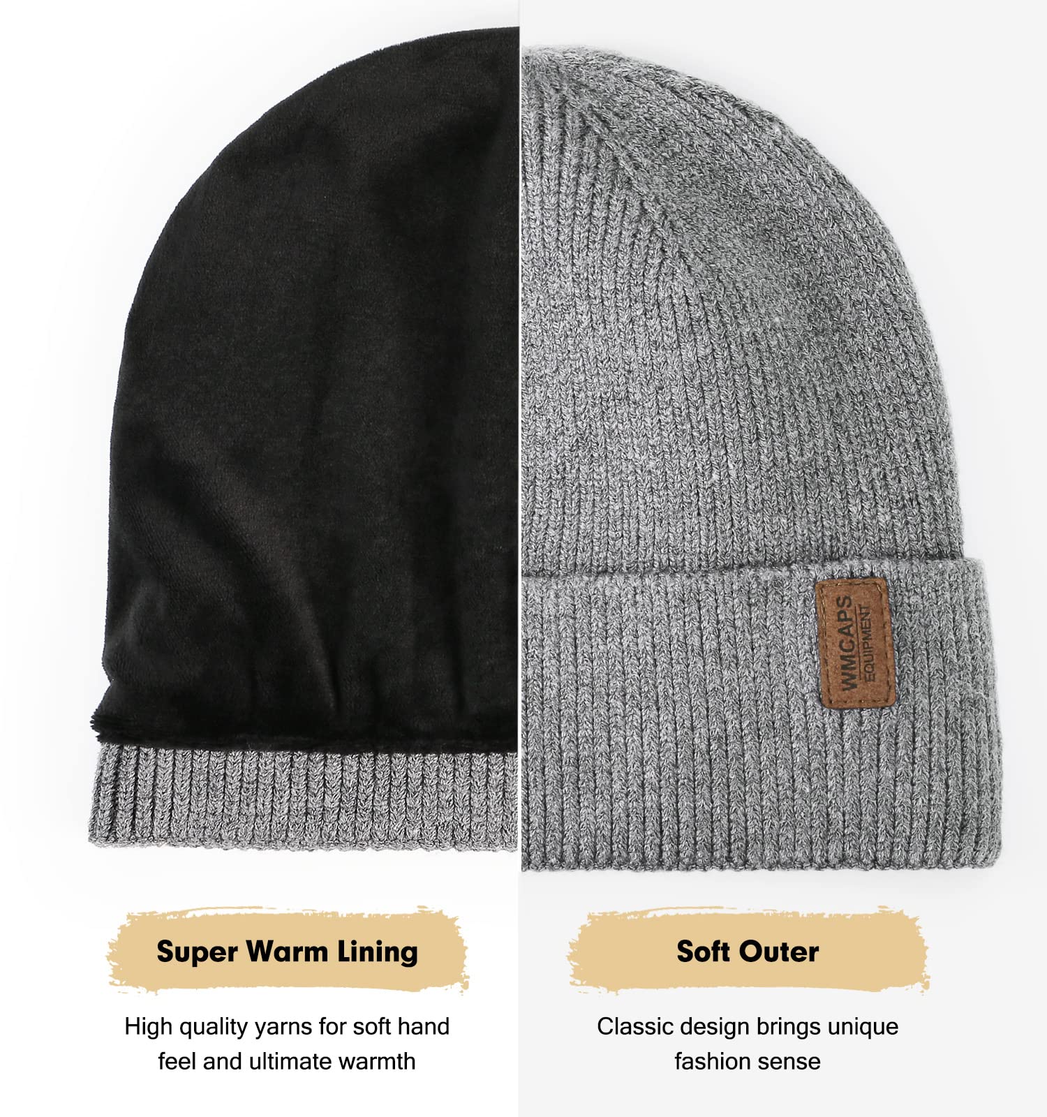 Wmcaps Beanie Mütze, Herren Winter Warme Unisex Wintermütze Strickmütze Dehnbare Weiche Wollmütze mit Bündchen und Dickem Warmem Futter Geschenke für Freundin männer Frauen (Grau) 2