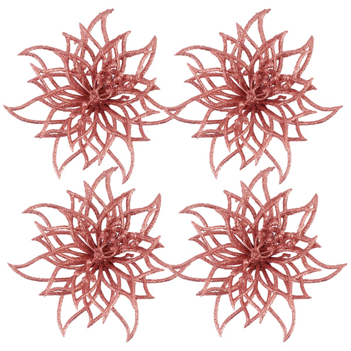 Milisten 4pcs Artificial Christmas Poinsettia Glitter Poinsettia Flowers Christmas Tree Ornaments for DIY Craft Rose Gold