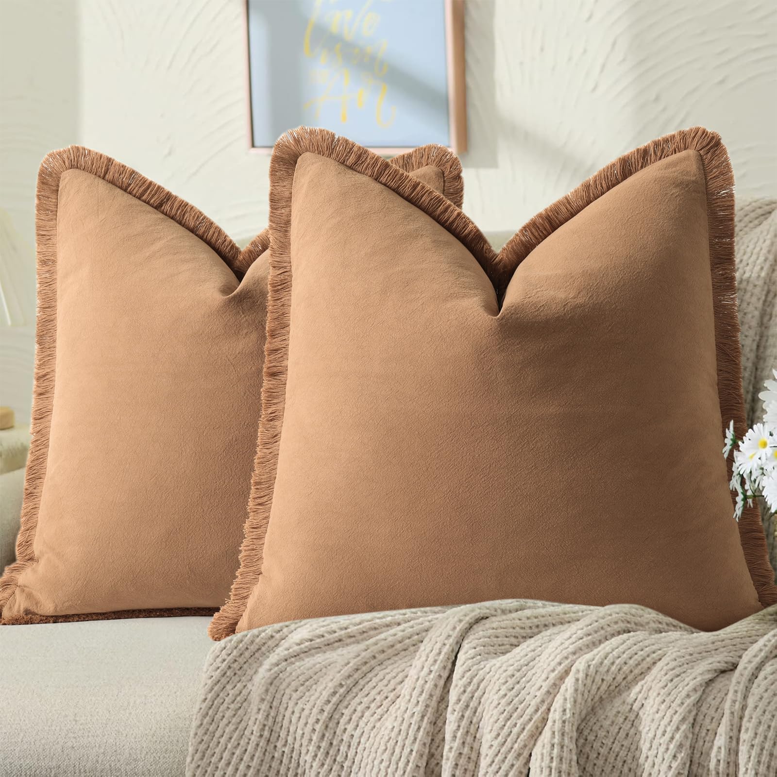 Photo 1 of ZWJD Pillow Covers 18x18 Set of 2 Camel Throw Pillow Covers with Fringe Chic Cotton Decorative Pillows Square Cushion Covers for Sofa Couch Bed Living Room Farmhouse Boho Decor
