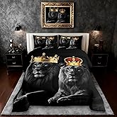 3D Lion Couple Comforter Set King Size,Lover Queen and King Crown Bedding Set for Women Men Teens Room Decor,African Wild Animals Quilt Set Adult Valentine's Day Duvet Insert,2 Pillowcases