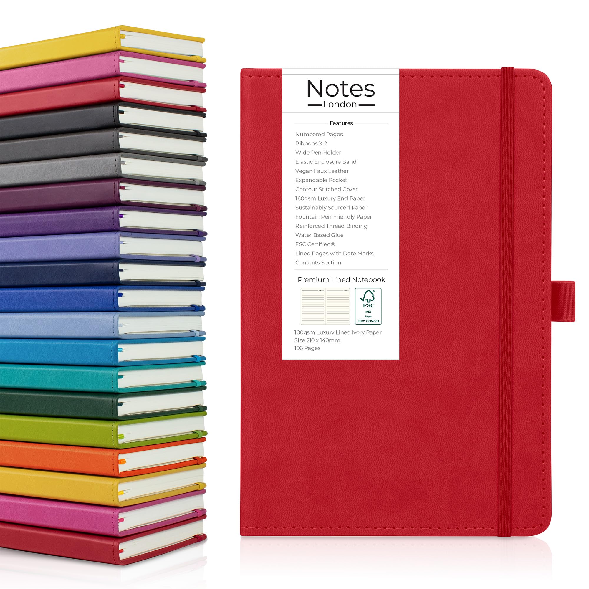 Notes London Luxury Italian style A5 Notebook with Stitched Hardcover, 100gsm Lined Numbered & Date Marked Pages, 2x Ribbons, Pen Loop, Contents Page, Paper Pocket, Medium Journal, Sustainable (Red)