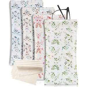 MXXUUOOM 4-Pack Soft Eyeglass & Sunglasses Cases for Women, Floral PU Pouch | Leather squeeze top, spring closure, plush micr