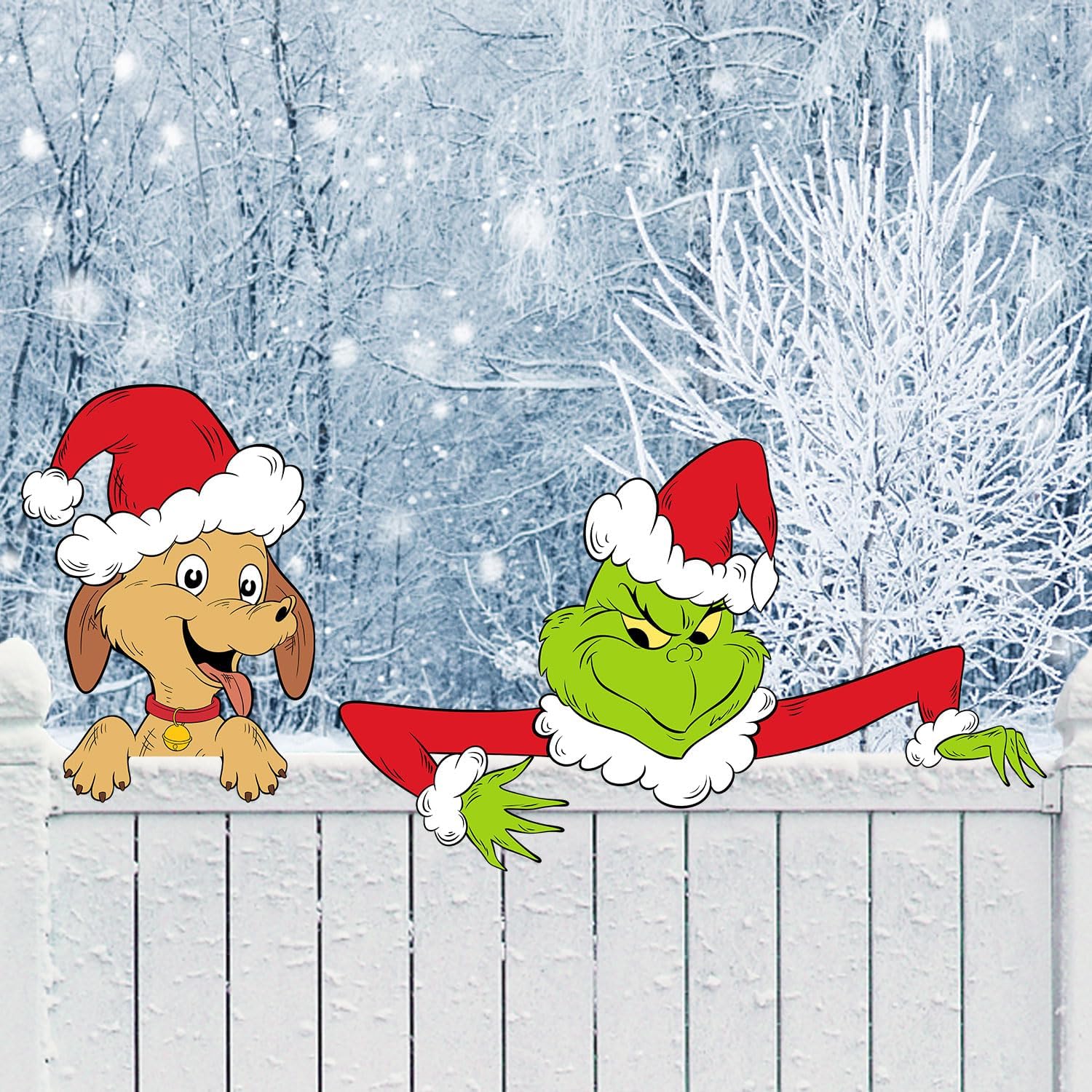 Yard Signs - Christmas Fence Peeker, Funny Christmas Fence Outdoor Yard Signs with Thief Head and Dog for Xmas Garden Courtyard Wall Decor, Christmas Wooden Sign for Tree Topper Wall Holiday Home Decorations