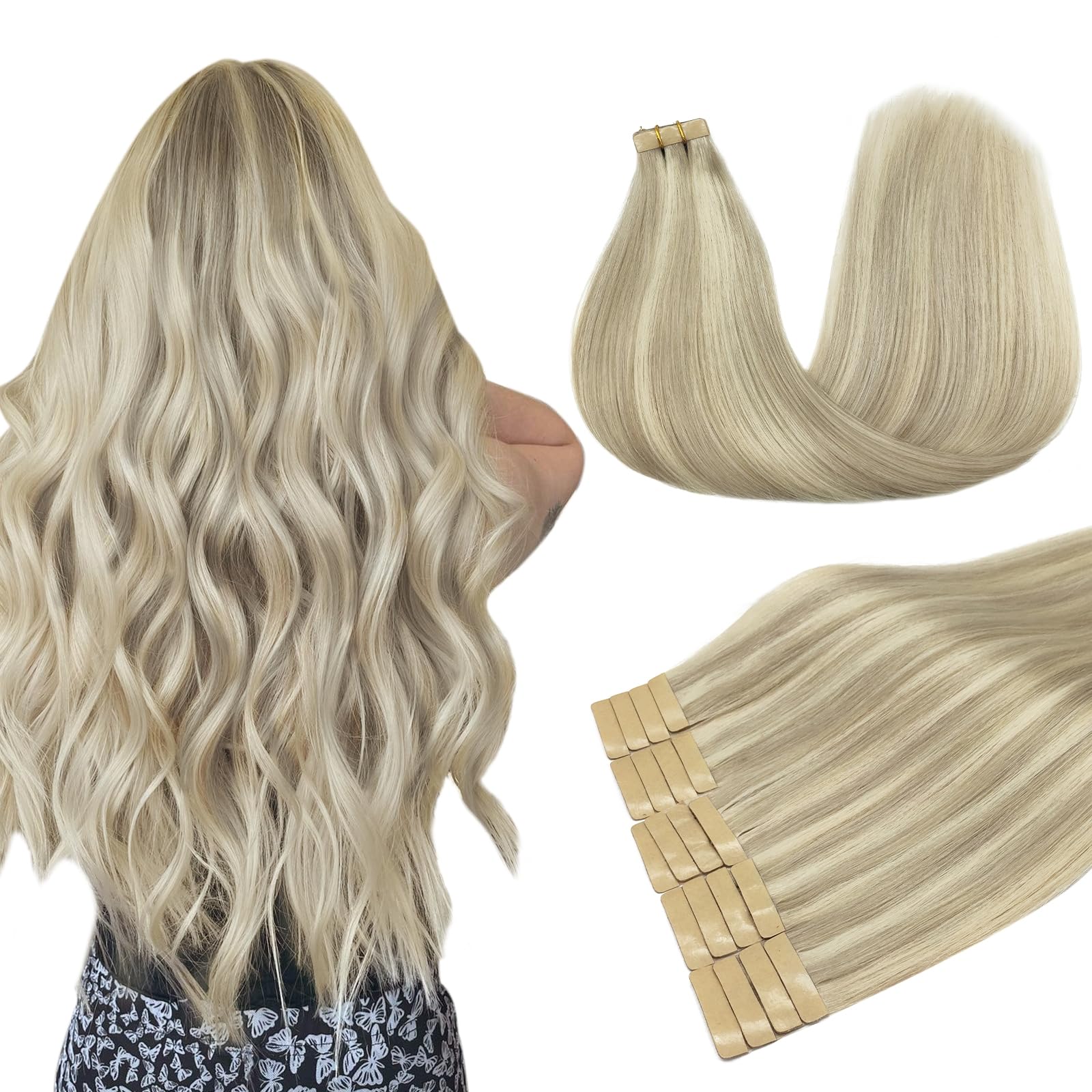 DOORES Hair Extensions Real Human Hair, Ash Blonde Highlighted Platinum Blonde 18 Inch 50g 20pcs, Real Human Hair Extensions Tape in Skin Weft Natural Remy Straight — image 1