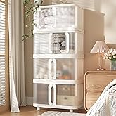 VUSIGN 360 QT Stackable Storage Bins with Lid, Folding Storage box with Wheels, Collapsible Plastic Storage Bins for Closets, Stackable Storage Organizer, Storage Containers, 4Pack, White