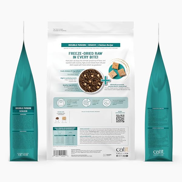 CATIT RECIPES DOUBLE FUSION SENIOR CHICKEN RECIPE – HIGH-PROTEIN, FREEZE-DRIED RAW MEAT, NUTRIENT-DENSE FOR HEALTHY SENIOR CATS, FRESH CHICKEN, NO CORN, WHEAT, SOY, OR BY-PRODUCTS, 4 LB
