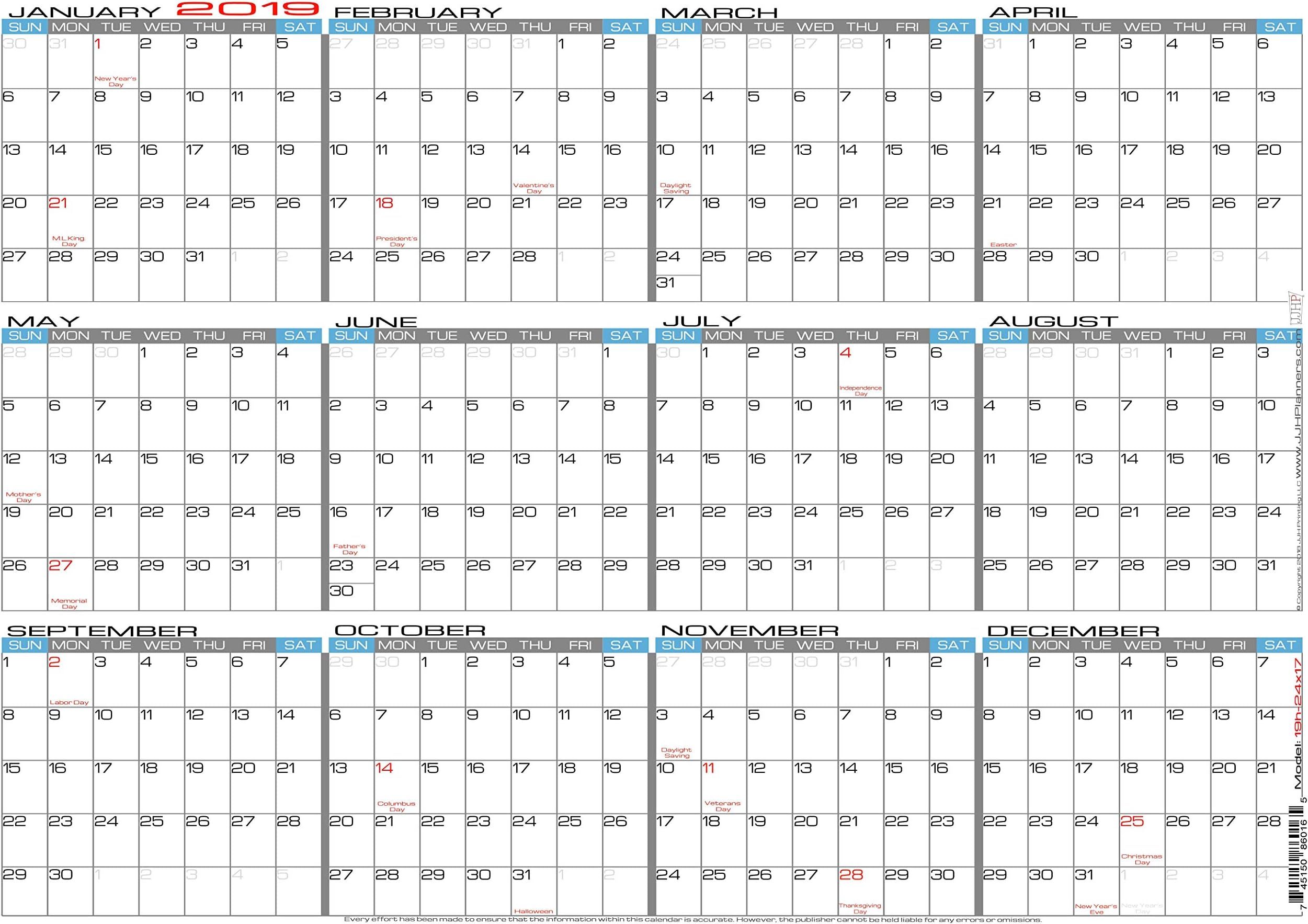 JJH Planners - Laminated - 24" X 17" Medium 2019 Erasable Wall Calendar - Horizontal 12 Month Yearly Annual Planner (19h-24x17)