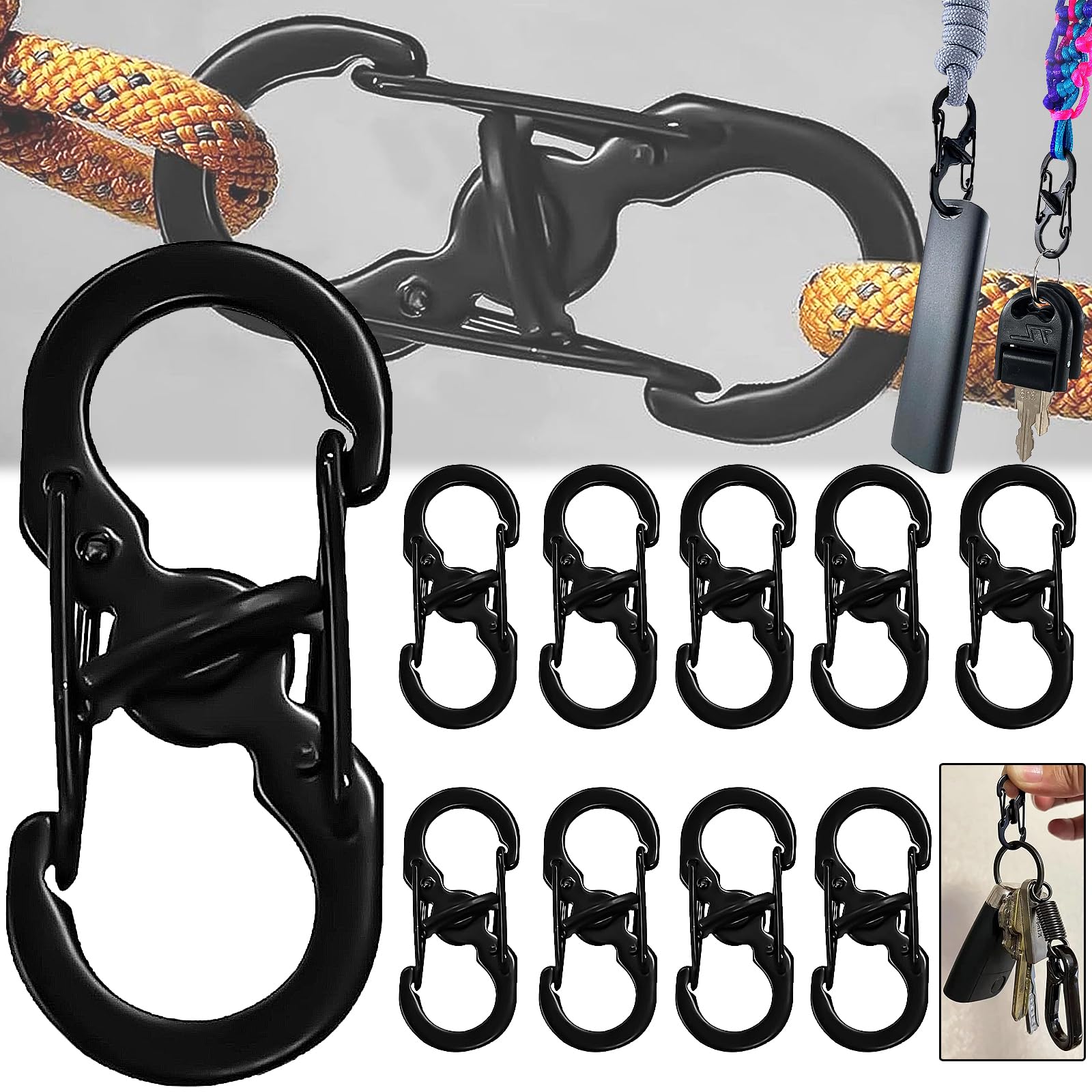 Pack of 10 S Outdoor Camping Hooks Stainless Steel S Carabiner Small Screw Carabiner Small Lock Key Ring Spring Key Chain, Mini Backpack S-Shape Metal Buckle, Anti-Theft Double Belt Clip Carabiner