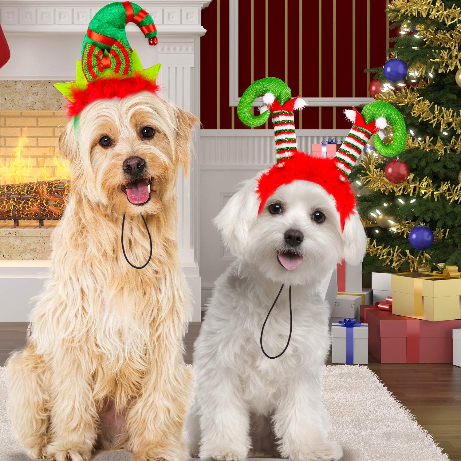 Whaline 2Pcs Christmas Pet Headband Pet Costume Headband Elf Hairband Christmas Holiday Head wear for Cat Dog Puppy Fluffy Head Wrap with Bow - Image 5