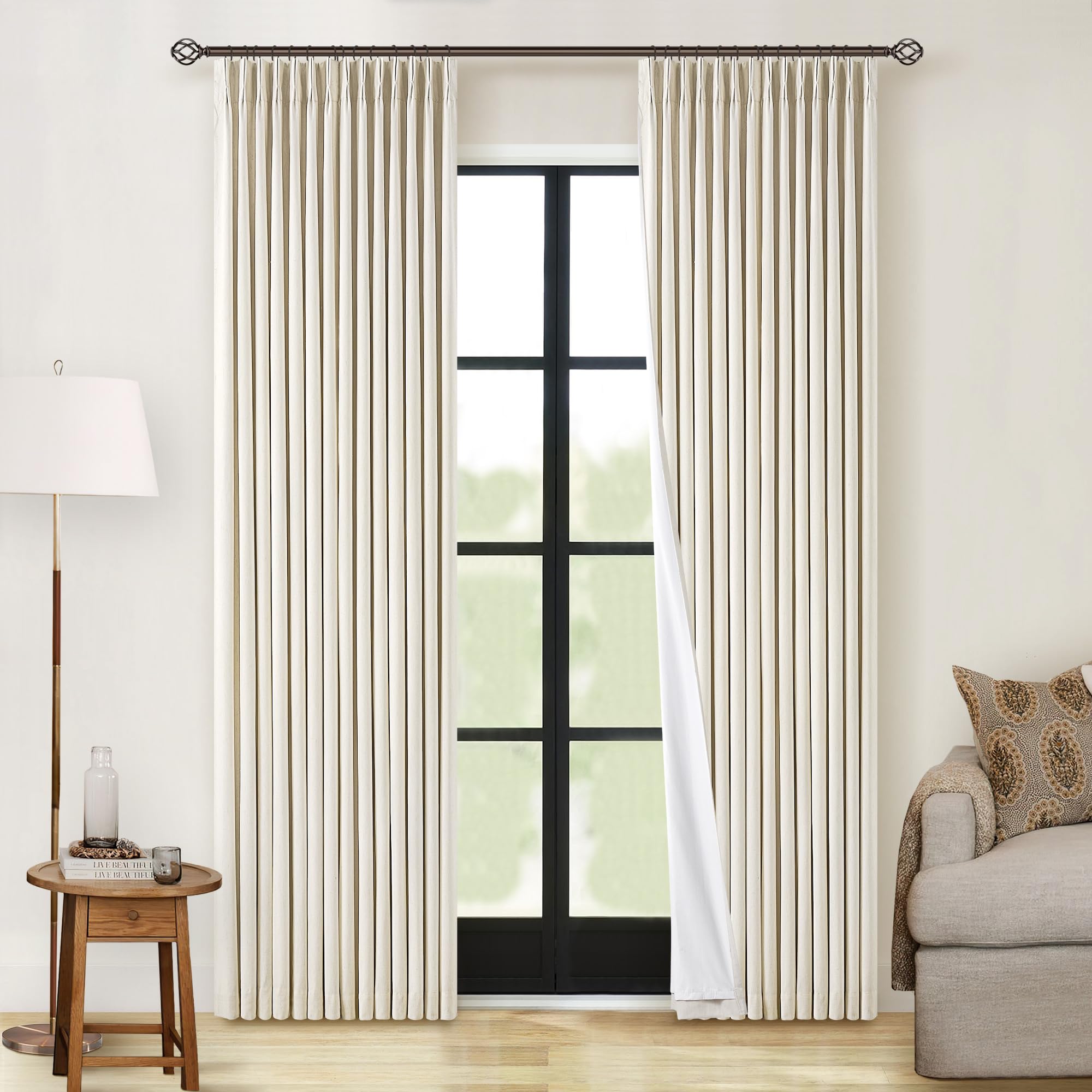 Photo 1 of Beige Linen Pinch Pleat Blackout Curtains 84 Inch Length 2 Panels 100% Black Out Curtains with Hooks Rings Track Back Tab for Bedroom Living Room Darkening Soundproof Pinch Pleated Drapes 2 Layer