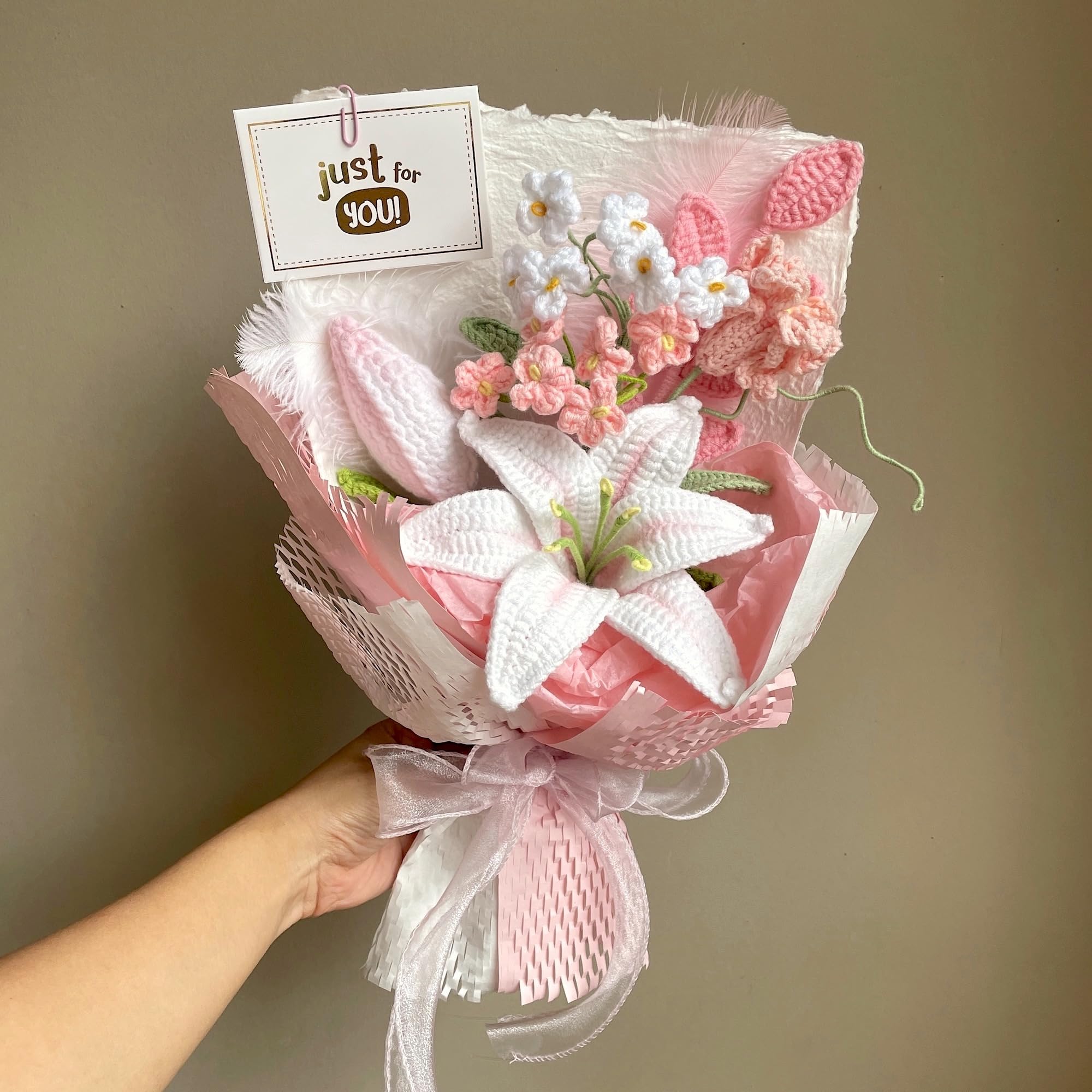 Photo 1 of ANNE'S GIVERNY White Pink Lily Crochet Flowers Bouquet, Fully Wrapped| Luxury Floral Decor |Gift for Birthdays & Holidays, Anniversary,Handmade Gift for Girlfriend, Wife