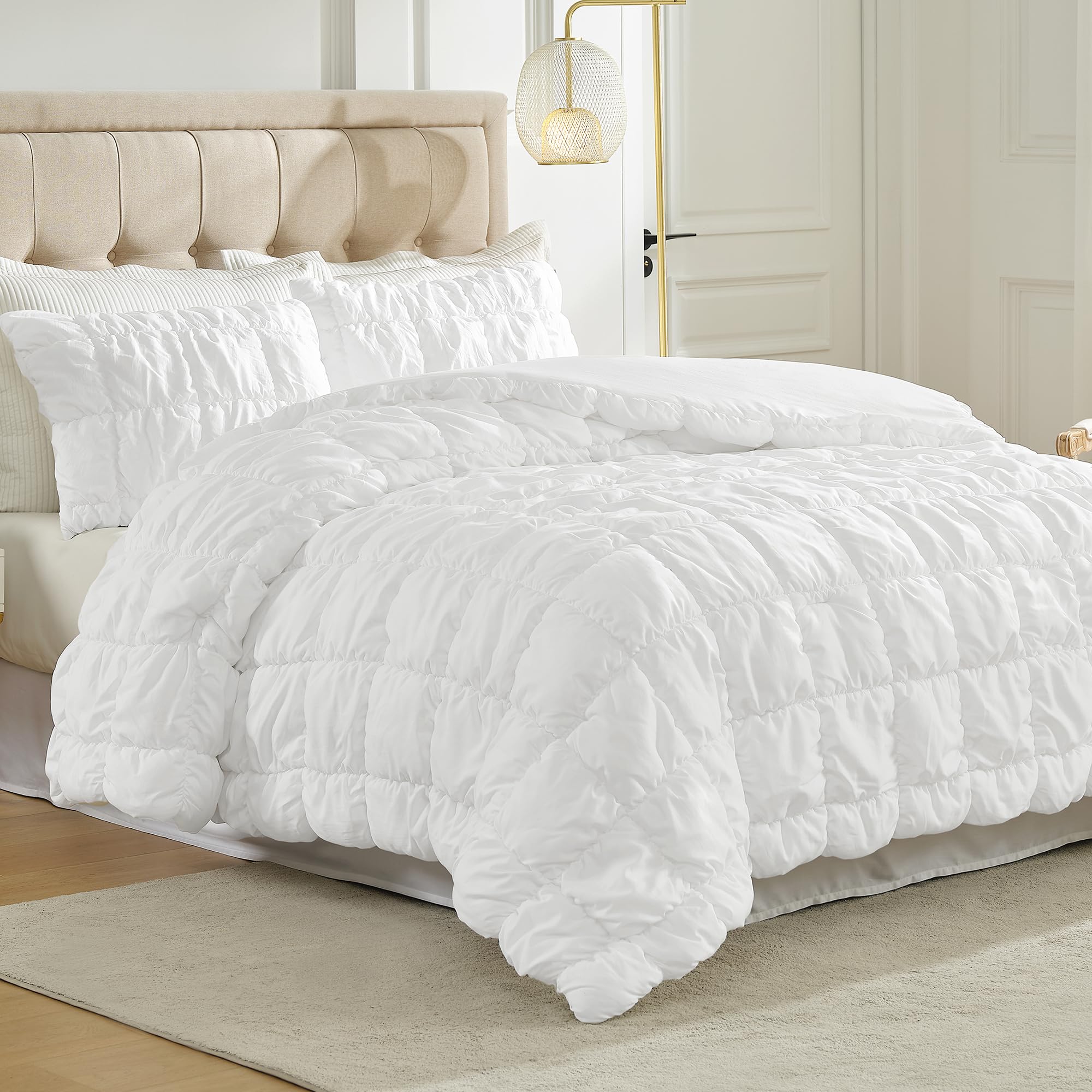 Photo 1 of Amélie Home White Bubble Comforter Set King Size, 3 Pieces Ultra Soft Cozy Bedding Set for All Seasons, Farmhouse Luxury Gift for Women Home Decor