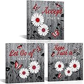 SkenoArt Flower Wall Art for Bedroom Grey and Red Butterfly Canvas Paintings Daisy Floral Quotes Inspirational Pictures Prints Home Farmhouse Bathroom Decor Ready to Hang 12x12inchx3pcs