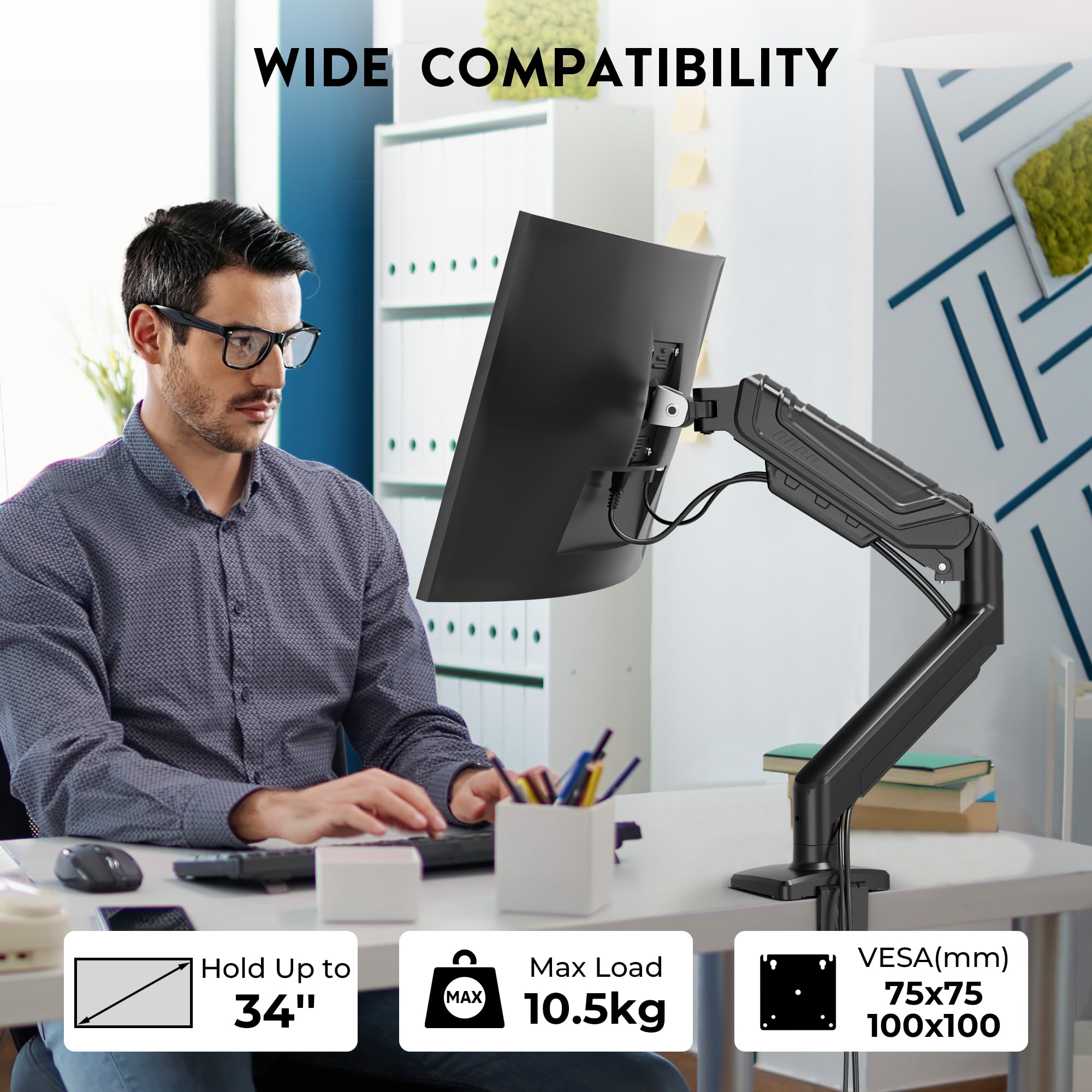 BONTEC Monitor Halterung mit Gasfeder für 15-34 Zoll bis 10,5kg, Höhenverstellbar & 360° Schwenkbar, Neigbar, Drehbar, VESA 75/100, mit Kabelmanagement für Home Office und Gaming 4