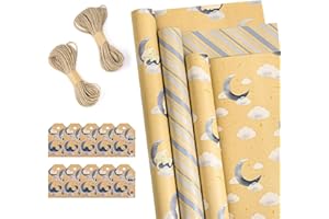 BIOBROWN Birthday Gift Wrapping Paper Rolls with Tags, Jute String - 17 Inch X 10 Feet per Roll - Moon Design for Boys Girls Baby Shower Designs Packing 3 Pack