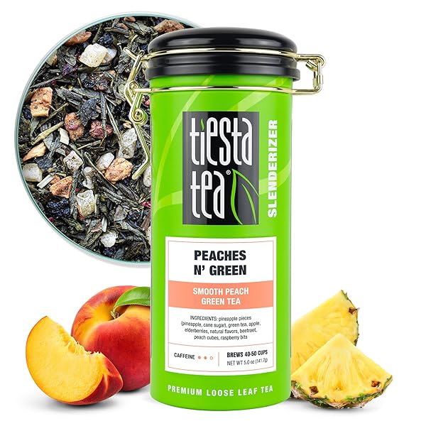 TIESTA TEA – PEACHES N’ GREEN, LOOSE LEAF, SMOOTH PEACH GREEN TEA, PREMIUM BLEND, MEDIUM CAFFEINATED, MAKE HOT OR ICED & BREWS UP TO 50 CUPS, 5 OUNCE REFILLABLE TIN
