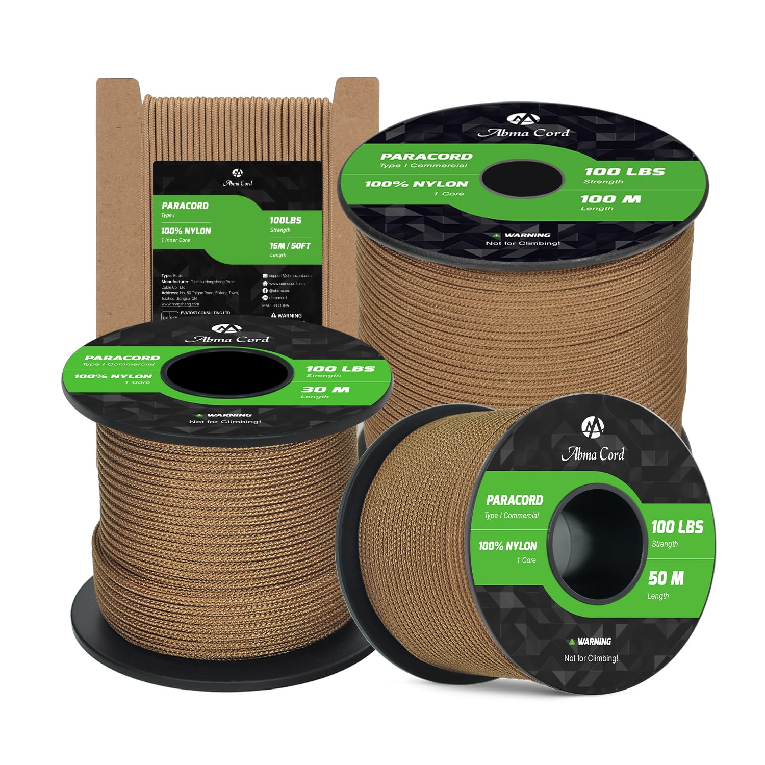 Abma Cord Paracord 2mm 100m 100% Nylon Rope 1 Strand Type I Parachute Cord - Max. 45kg (100lbs) - Coyote Brown