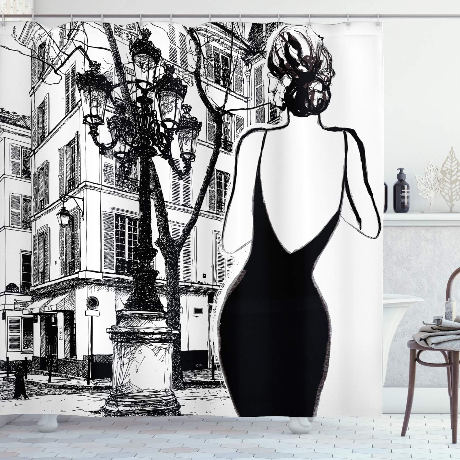 Ambesonne Paris City Decor Collection, Young Elegant Woman in a Black Dress in Paris Street Old Building Facade Cityscape, Polyester Fabric Bathroom Shower Curtain Set, 75 Inches Long, Black and White