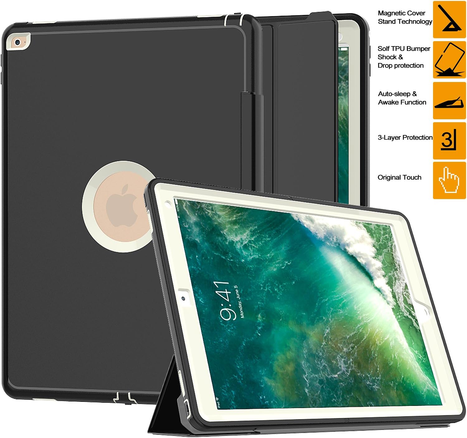 iPad Case, iPad Pro 12.9'' Case, SAYMAC Heavy Duty [Smart Cover] Shockproof 3-Layer Protection Rugged Hybrid Defender with Magnetic Auto Sleep/Wake Function (Black/Cream)