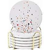 Terrazzo Coasters Set of 6, Ceramic Absorbent Drink Coasters, Cute Moisture Absorbing Coaster, Coffee Table Desk Decor, Colorful Stone Coaster for Drinks (Color Burst)
