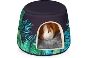 Glittme Guinea Pig Hideout,2 in 1 Guinea Pig Bed with Removable Pad, Washable Bunny Bed,Rabbit,Leaves