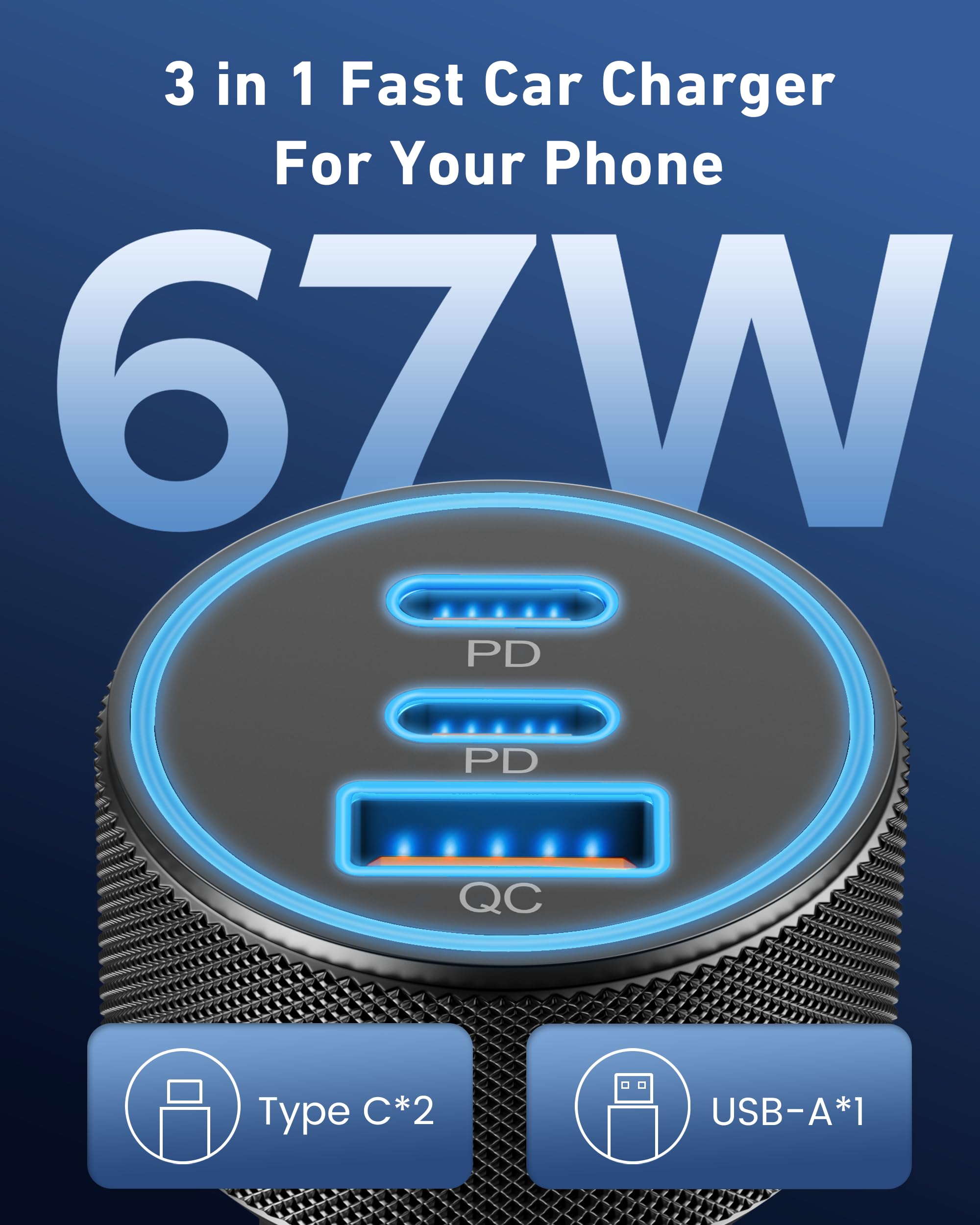 67W 3-Port Super Fast Type C Car Charger USB C for Samsung Galaxy S25 S24 S23 S22 S21 Ultra, iPhone 17/Air/16/15 Pro Max, Android, PD/QC Car Phone Adapter Accessories for Men Women + 3FT USB-C Cable