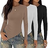 Oakgarden 3 Pack Asymmetrical Tops for Women Long Sleeve Casual Shirts Ruched Slit Fitted Basic Tees Y2k Going Out Tunic Top(Black, White, Khaki,Large)