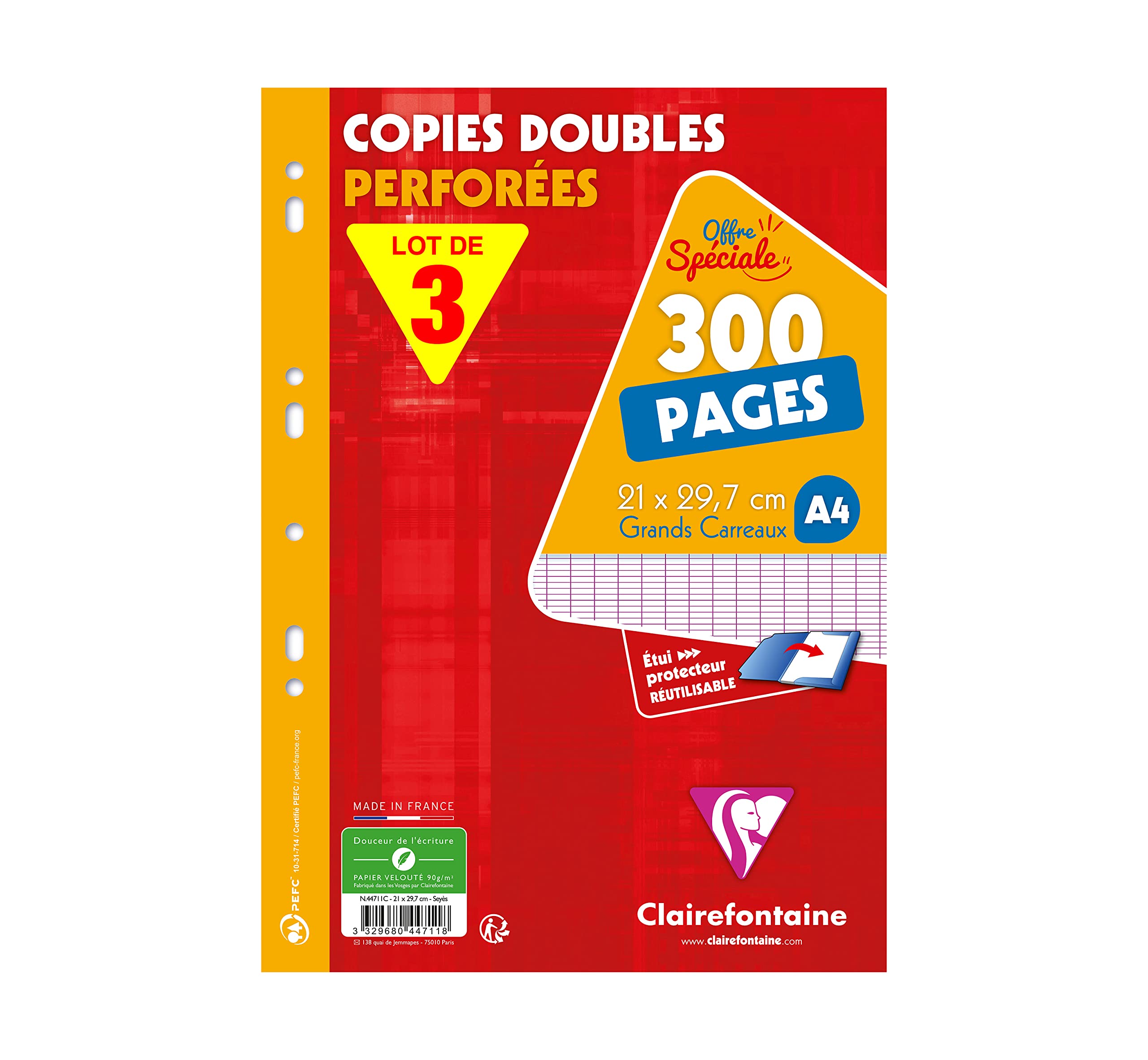 Clairefontaine 447111AMZC - One Set of 3 Double Perforated Sheet Cases - Size: A4 21x29.7 cm - 300 Seyes Ruled Pages - White Paper 90 g - Reusable Case