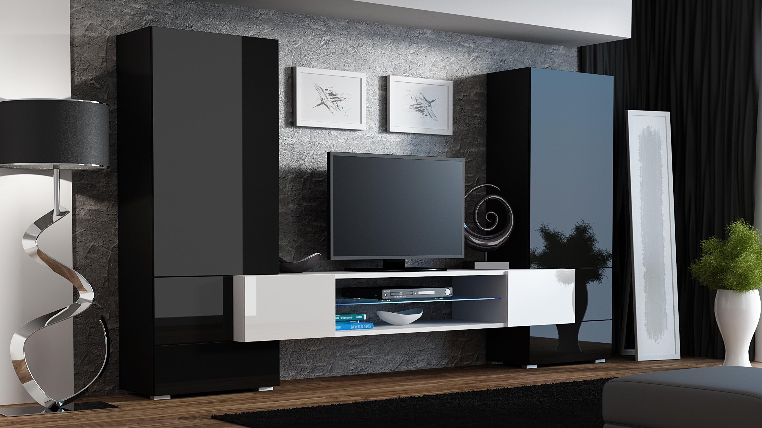 BanburyModernFurniture BMF TORRO WALL UNIT/TALLBOY CABINETS FLOATING TV STAND LED GLASS SHELF HIGH GLOSS - BLACK/WHITE