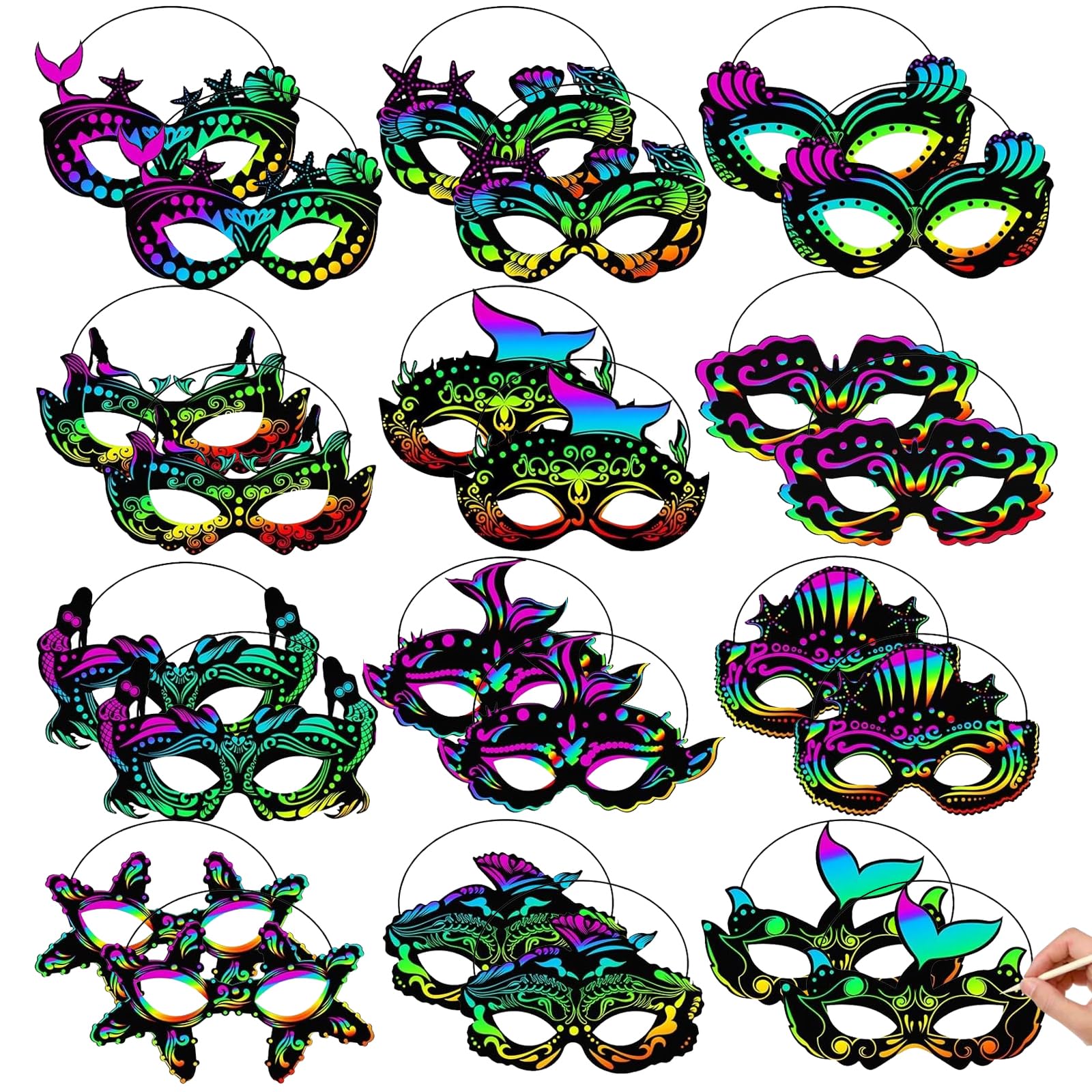 Cosysparks Sea Animal Scratch Masks for Kids, 24 Pcs DIY Paper Masks to Decorate Kids Funny Magic Scratch Art Mask Craft Kit for Halloween Birthday Cosplay Themed Party(Sea Animal) β image 1