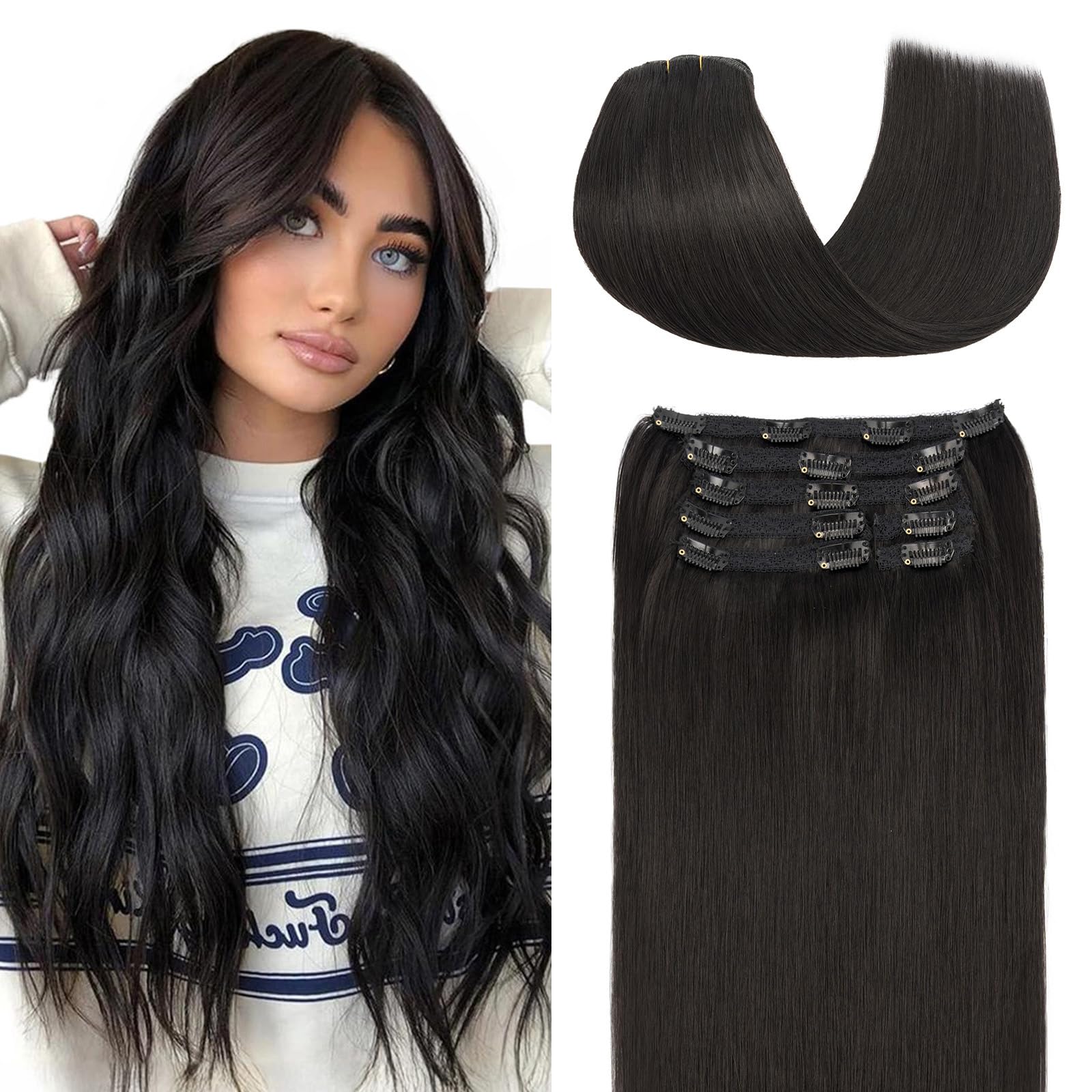Elailite Clip in Hair Extensions Real Human Hair Double Weft Virgin Remy Hair Lace Weft 7 Pcs Full Head Straight - 7Pc-Lace #1B Natural Black - 10 Inch 85g — image 1