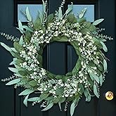 26'' Eucalyptus and Babys Breath Flowers Wreath for Front Door - Large Artificial Greenery Outdoor Wreath for Porch,Window,Farmhouse,Home,Hanging Decor- Spring, Summer, All Seasons (Green-White)