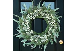 26'' Eucalyptus and Babys Breath Flowers Wreath for Front Door - Large Artificial Greenery Outdoor Wreath for Porch,Window,Fa