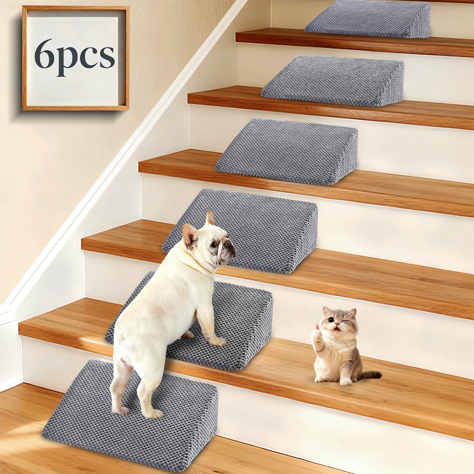 Photo 1 of **RECOMMEND WASHING??**Dog Ramp for Stairs for Small & Senior Dogs and Cats – Non-Slip Stair Wedges for Dogs with Gentle Slope, Pet Ramp with Washable Cover & Self-Sticky Pads for Safe Climbing (Gray, 6 Pack)