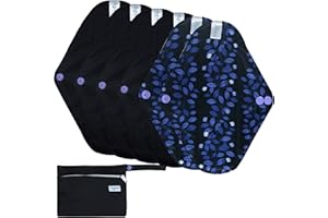 Leekalos Reusable Menstrual Pads - Bamboo Menstrual Cloth Pads | Light Incontinence Pads | Reusable Sanitary Pads - Pack of 6, 1 Cloth Mini Wet Bag (L, Black Flower)