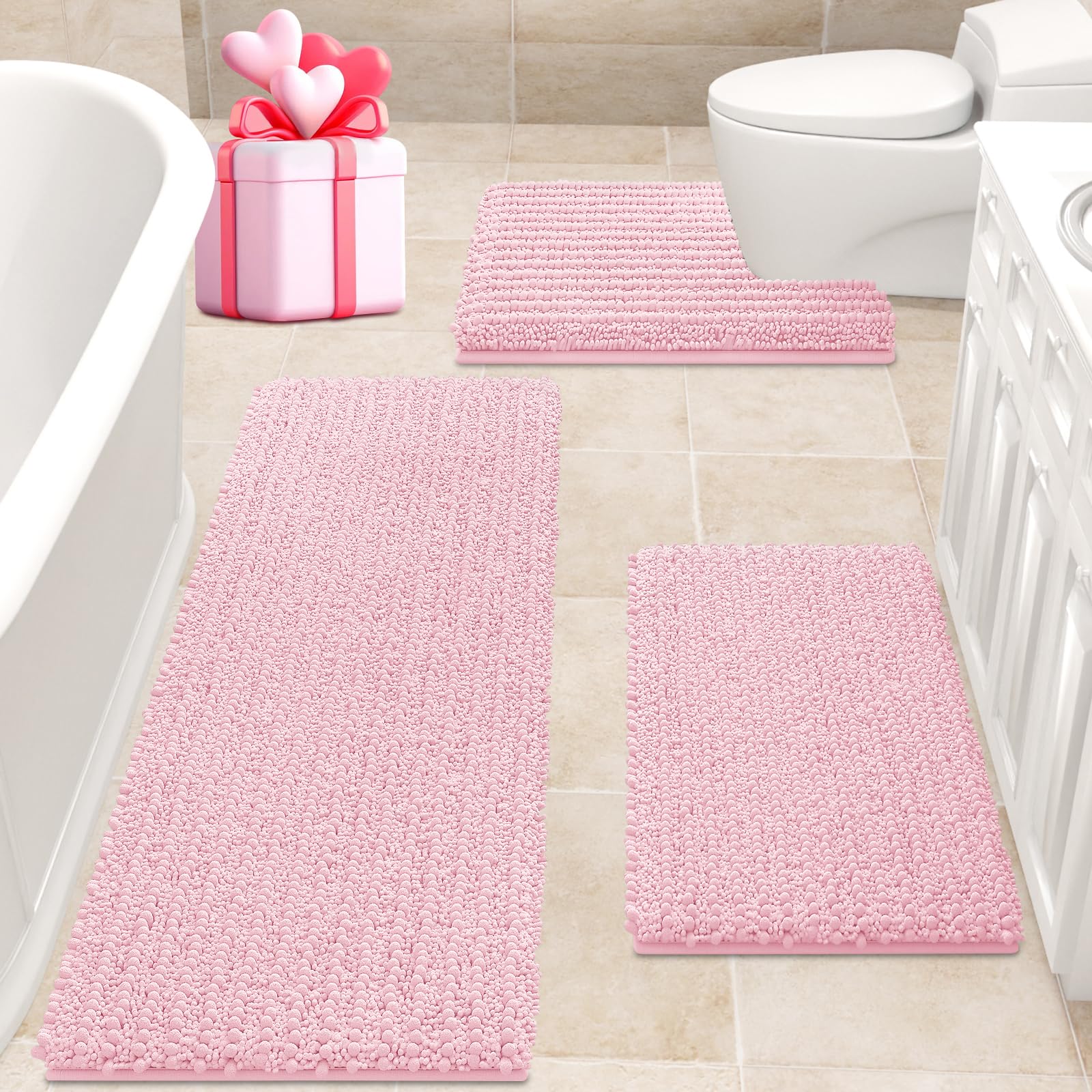 Photo 1 of **MISSING MAT FOR THE SINK** ACCUMTEK Upgrade Extra Large Pink Bathroom Rug Set 3 Pieces Ultra Soft, Thick Absorbent Bath Mats, Non Slip Chenille Toilet Mat for Bathroom, Bedroom, Kitchen