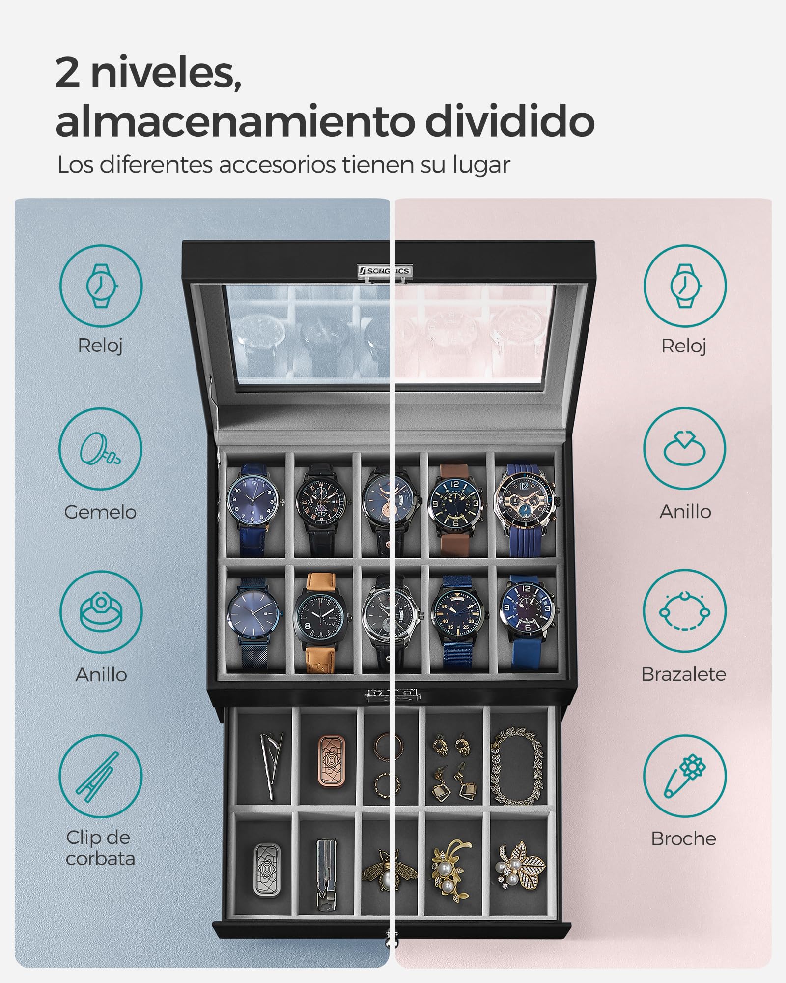 SONGMICS Watch Box, 20-Slot Watch Case Organizer with Large Glass Lid, Removable Pillows, Metal Lock, Gift for Loved Ones, Black Synthetic Leather, Christmas Gift, Gray Lining UJWB006V1