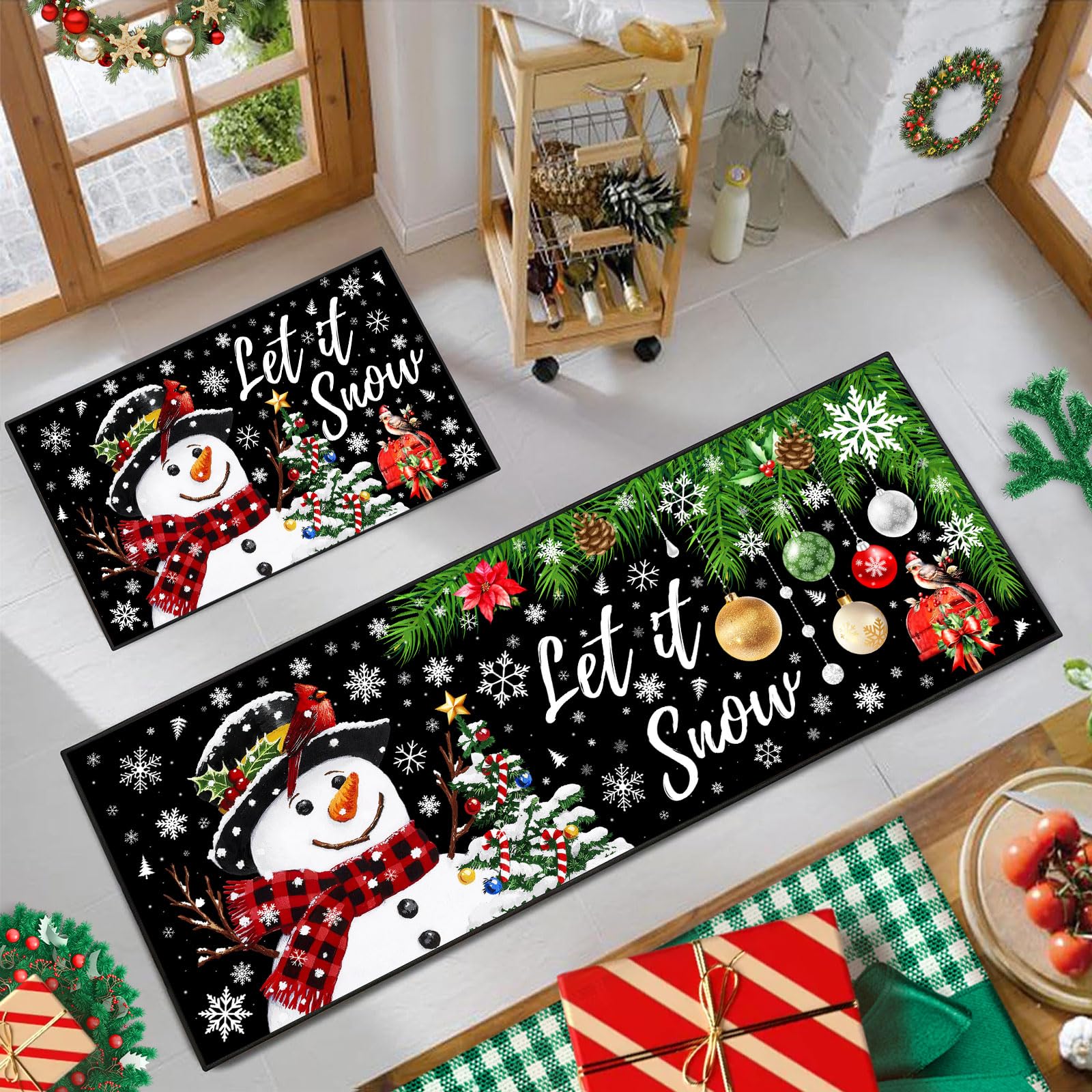 Photo 1 of ACZHHZC Let It Snow Christmas Snowman Kitchen Rugs and Mats Set of 2, Winter Snowflake Xmas Holiday Home Kitchen Decor Floor Mats, Washable Non-Slip Sink Carpet (Black, 17"x47"+17"x30")