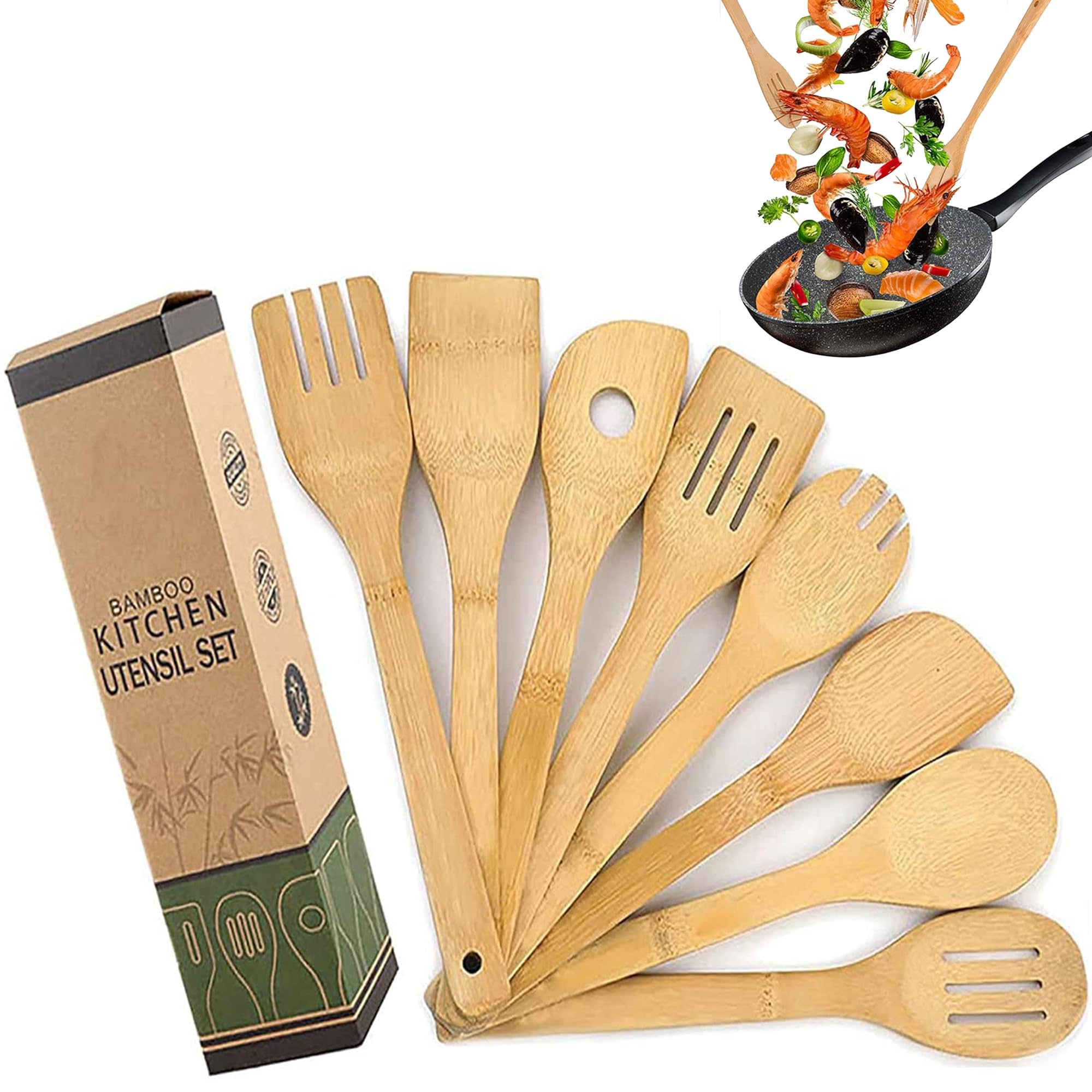 Bamboo Kitchen Utensils Set of 8 Wooden Spoons and Spatulas Non-Stick Wok Spatula Scoop Kitchen Utensil Set Heat Resistant Tools Spoon Spatula