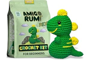 Amigo Rumi Cute Dinosaur Beginners Crochet Kit - Learn How to Crochet Starter Kit - 3+ Hour Video Tutorials & Crocheting Book - Easy to Stitch Yarn - Amigurumi Stuffed Animal for Kids 12+ & Adults