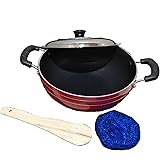 Non-Stick Coating Kadai / Fry Pan with Steel Lid 2.6 mm(Red) ,Valentine Day Gifts
