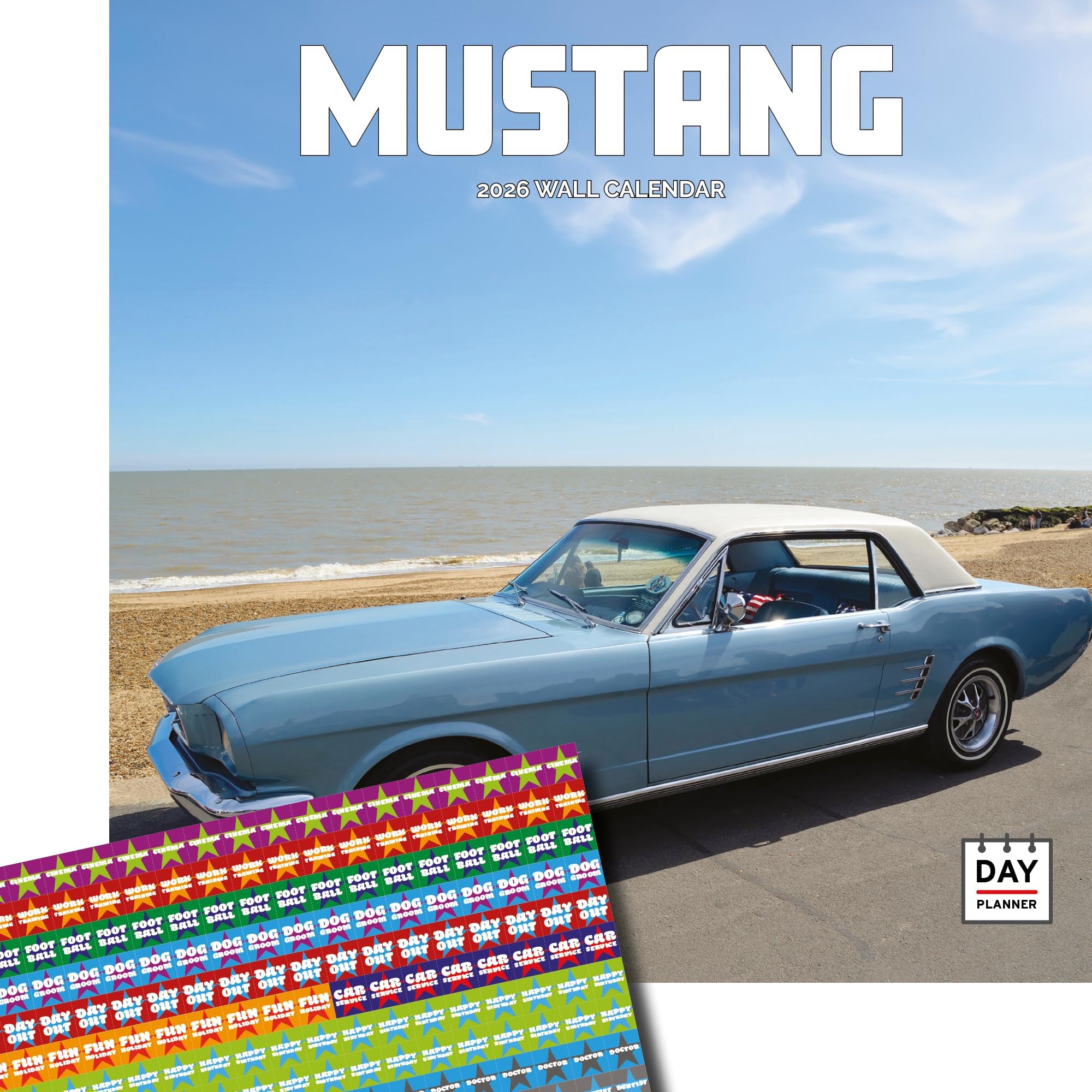 Dayplanner Publishing Mustang Calendar 2026, Large Square Wall Calendar With Organisational Stickers, 16 Month, Mustang Gift Auto Calendar