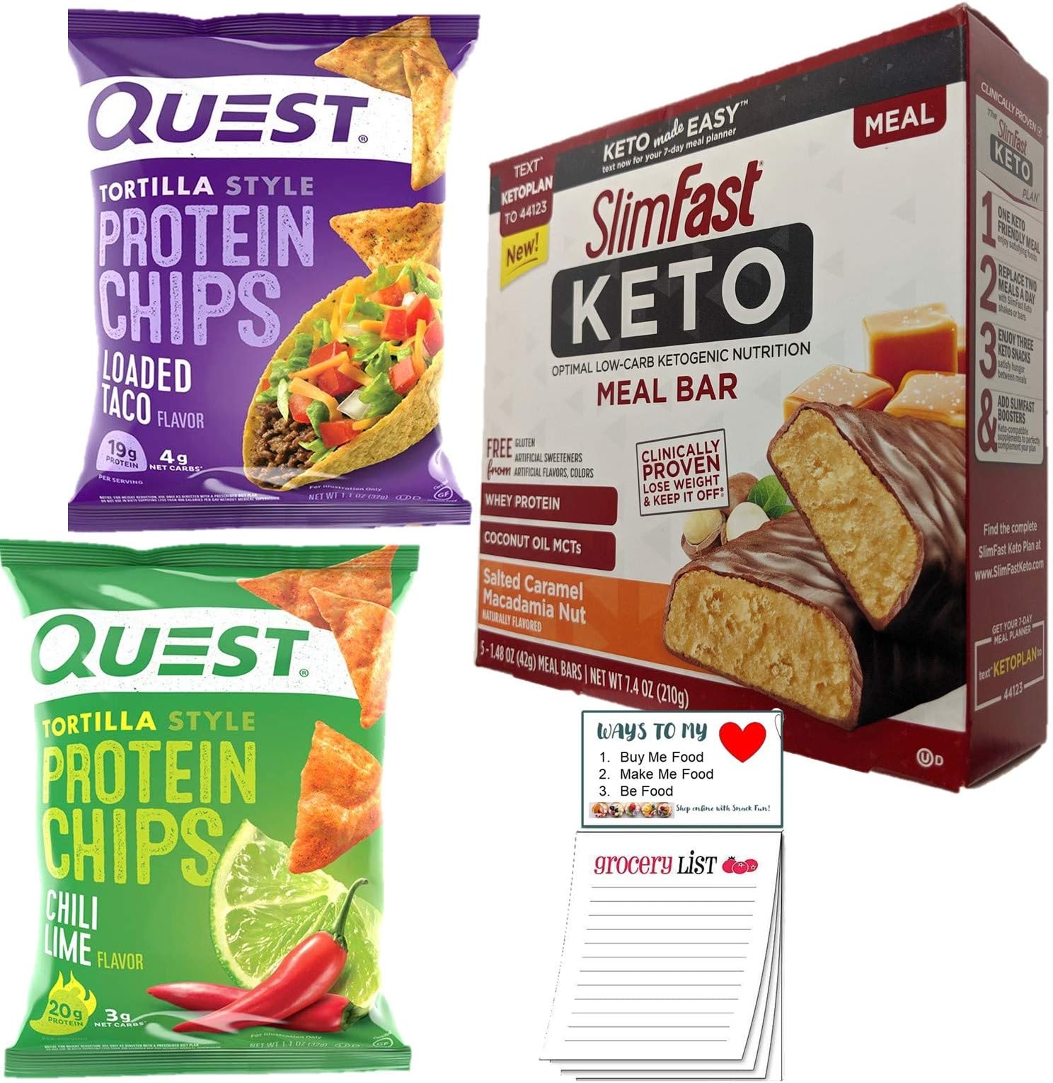 KETO FOOD - Low Carb Snacks Variety Pack. 1 Slimfast Meal Replacement Bars Box with 6 Bars. 2 Bags Quest Tortilla Protein Chips. Ranch and Nacho Cheese. 1 Snack Fun Shopping Pad.