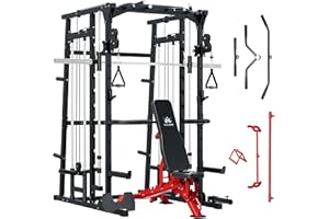 MAJOR LUTIE Major Fitness SML07 Machine All-in-One Home Gym Power Cage with Weight Bar and Two LAT Pull-Down Systems and Cable Crossover Machine, Exercise Attachment