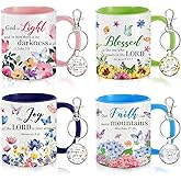 Ziliny 4 Sets Christian Gifts 11oz Ceramic Coffee Mugs for Women with Bible Verse Keychains Christian Tea Cups Set Inspirational Appreciation Bulk Christmas Gifts, Watercolor Flowers Design(Bright)