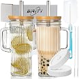 Birity 24oz Ribbed Glass Cup with Lids and Straws,2Pack Glass Tumbler with Handle,Reusable lced Coffee Cups with lids-Glass C