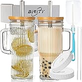 Birity 24oz Ribbed Glass Cup with Lids and Straws,2Pack Glass Tumbler with Handle,Reusable lced Coffee Cups with lids-Glass Cups with Lids,Mason Jar Cup for Smoothie,Coffee,Juice,Water,Tea,Travel Mug