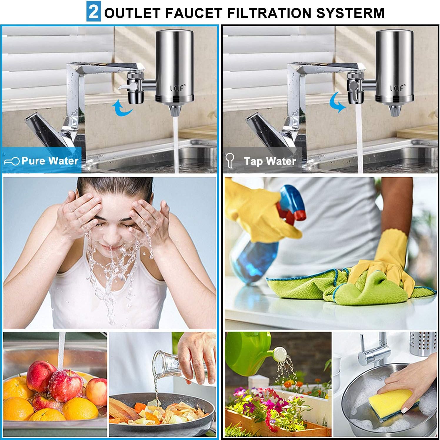 LCF Water Filter Faucet, Food Grade 304 Stainless Steel, Water Purifier with ACF Filter Element, with Double Outlet to Reduce Chlorine,Lead,BPA Free and Improve Hard Water(4 Filters Included): Home & Kitchen