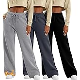 Velvelhall 3 Pack Women's Wide Leg Fleece Lined Sweatpants Thermal Lounge Warm Pants Drawstring Elastic Waisted with Pockets